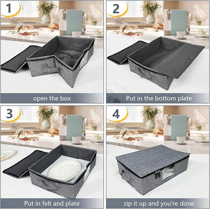 Platter Storage Case - Plate Storage Containers with PVC Windows,16.5“x12.6x5.5'', Stackable China Storage Containers Hard Shell,4 Felt Dividers Included for Dish,Plate, Dinnerware and Transport(Gray)