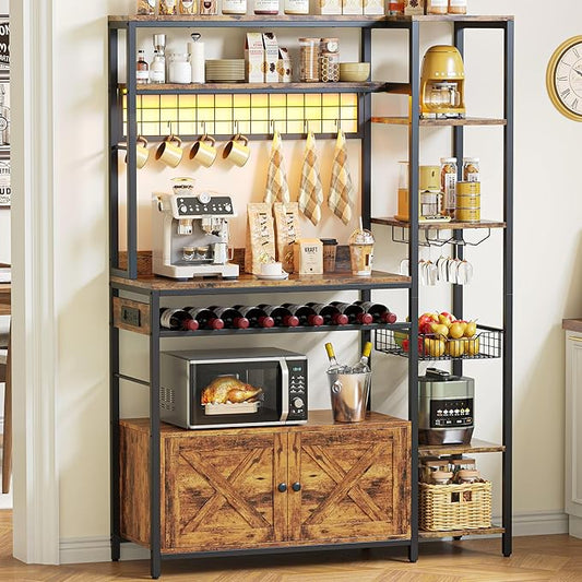 IRONCK Bakers Rack with Power Outlet, 47.24 Inch Coffee Bar Cabinet, Kitchen Microwave Stand with Storage, Kitchen Shelf with Shelves, LED Light, Globlet Holder and Wine Basket, Vintage Brown