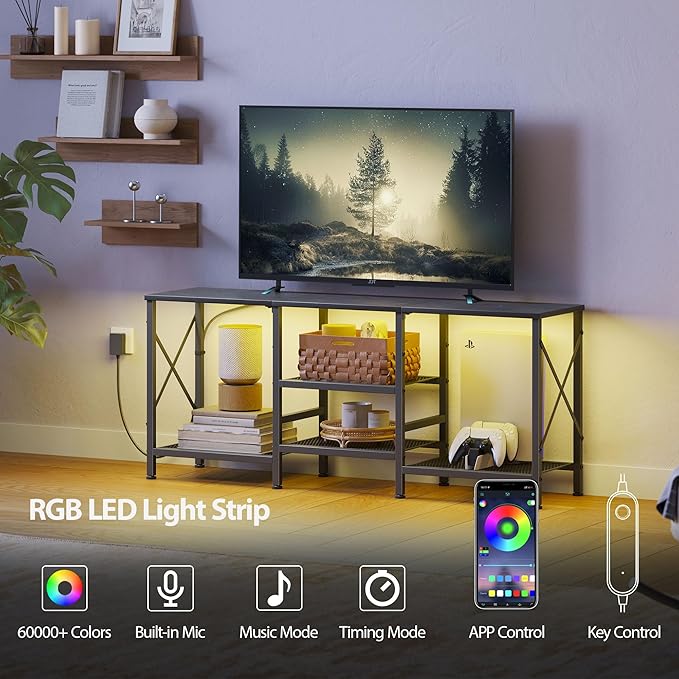 JARHETUN TV Stand with LED Lights for 55 Inch TV, Entertainment Center with 3-Tier Open Shelves, TV Console Table for Living Room, Bedroom, Black