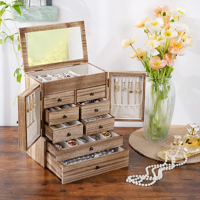 Emfogo Jewelry Box for Women Wooden Jewelry Boxes & Organizers 5-Layer Rustic Large Jewelry Organizer Box with Mirror & 8 Drawers for Rings Earrings Necklaces Bracelets Women Girls Gifts