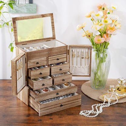 Emfogo Jewelry Box for Women Wooden Jewelry Boxes & Organizers 5-Layer Rustic Large Jewelry Organizer Box with Mirror & 8 Drawers for Rings Earrings Necklaces Bracelets Women Girls Gifts