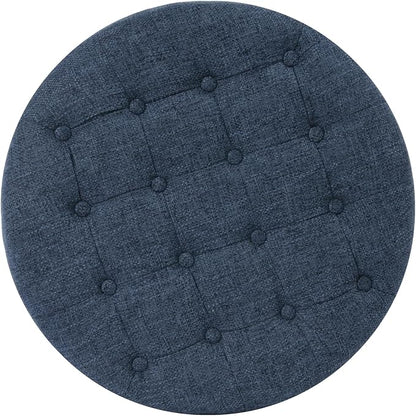 Homepop Home Decor | Large Button Tufted Woven Round Storage Ottoman for Living Room & Bedroom (Navy Woven) 25 inch D x 25 inch W x 15 inch H
