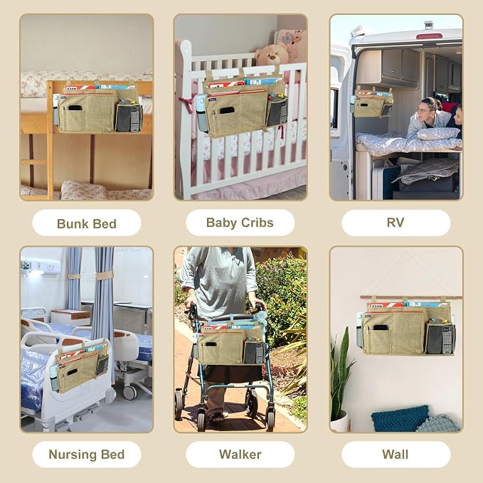 Surblue Bedside Caddy Hanging Bed Organizer Storage Bag Pocket for Bunk and Hospital Beds, College Dorm Rooms Baby Bed Rails, Camp 8 Pockets, (Large, Linen)