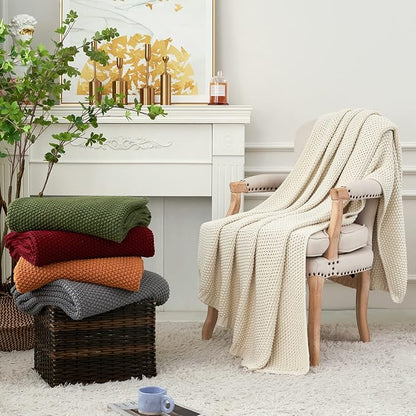 Chunky Cable Knit Throw Blanket Lightweight Burnt Orange 100% Organic Cotton Blanket for Sofa Couch Bed Baby Nursery, Rustic Shabby Chic Modern Farmhouse, 60” x 80” Give Laundering Bag