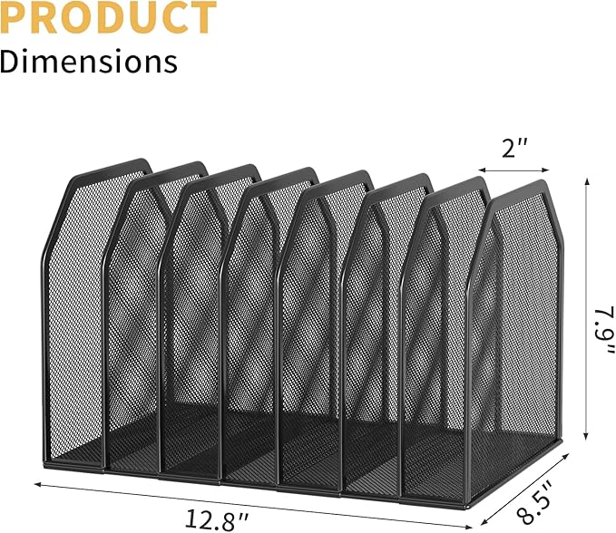 FANXIYQ Black 7-Section File Folder Organizer for Desk, Metal Vertical File Holder Stand, Desktop File Organizer Rack for Letter/A4 Folders, Papers, Books, Office Classroom Home
