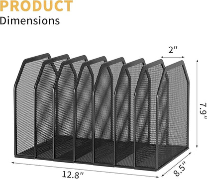 FANXIYQ Black 7-Section File Folder Organizer for Desk, Metal Vertical File Holder Stand, Desktop File Organizer Rack for Letter/A4 Folders, Papers, Books, Office Classroom Home
