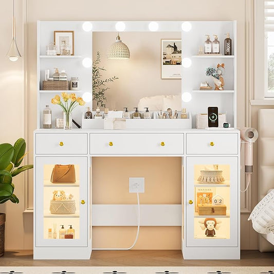Vanity Desk With Mirror and Lights, Makeup Vanity Set with 3 Storage Drawers & Adjustable Shelves, Dressing Table with RGB Cabinets & Charging Station, 3 Lighting Modes for Women Kids Bedroom, White