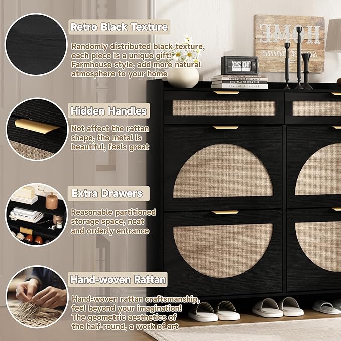 Rattan Shoe Storage Cabinet with 4 Flip Drawers & 2 Drawers, Freestanding Organizer for Front Door Entrance, Hidden Narrow Shoe Rack Cabinet Storage for Entryway, Black