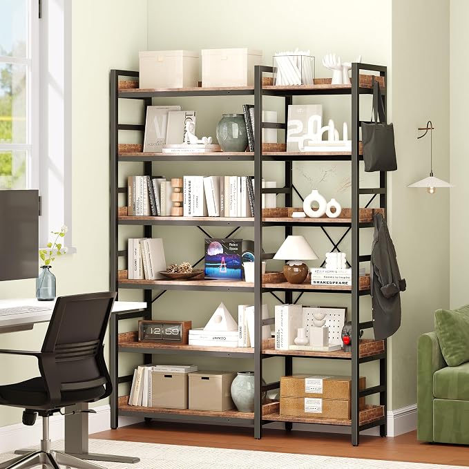 HCHQHS Adjustable Book Shelf with 8 Hooks, Reversible Corner Bookshelf, Industrial Wooden and Metal Bookcase for Living Room, Bedroom, Home Office (Rustic Brown, 6 Tier)
