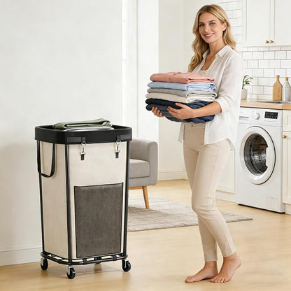 Laundry Basket with Wheels Rolling Laundry Basket, Removable Laundry Bag Design for Daily Use in Bathrooms and Laundry Rooms (White, 160L)