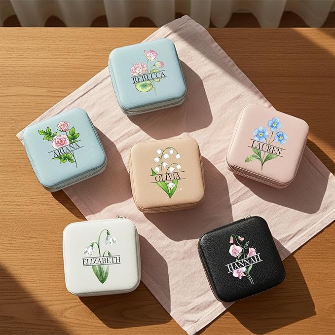 Custom Travel Jewelry Box with Name Birth Flower, Birthday Gifts for Women, Bridesmaid Proposal Gifts Personalized Small Travel Jewelry Case, Customized Gifts for Teen Girls