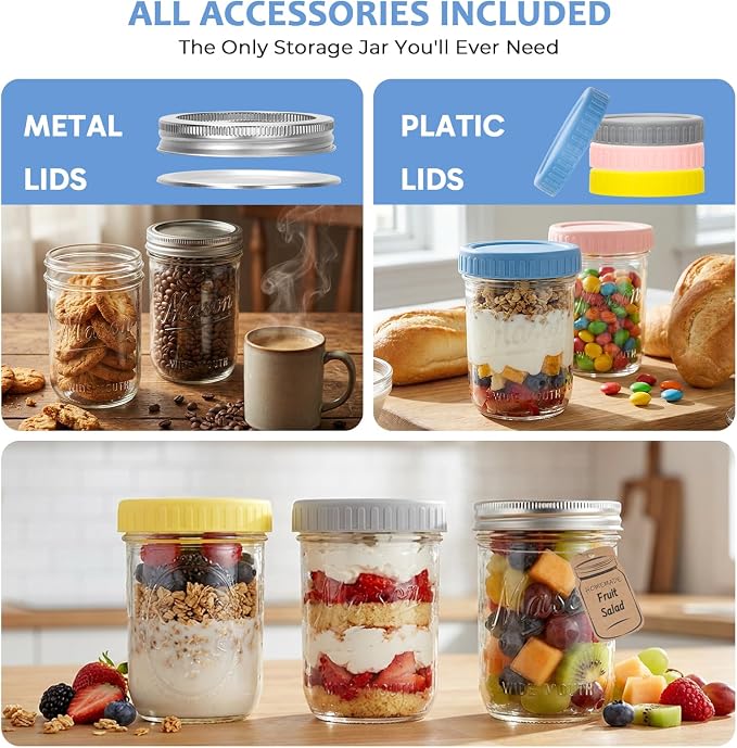 CycleMore 16oz Wide Mouth Mason Jars with Airtight Lids, 12 - Pack Canning Jars with Colorful Lids, Glass Jars for Fermenting, Pickling, Freezing, Preserving, Meal Prep, Jar Décor