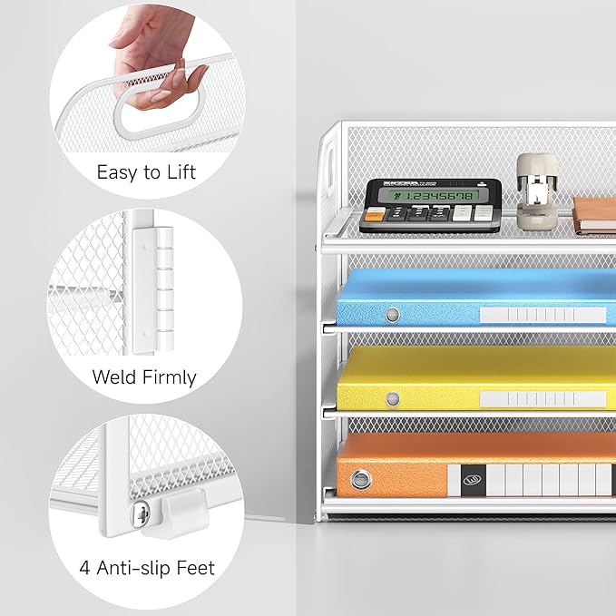 Lavatino Paper Organizer for Desk, 4-Tier Desk Organizer Tray, Mesh Desktop File Organizers with Handle, Office Classroom Organization and Storage-White
