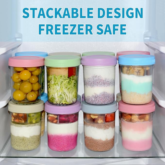 Xyptorix 16 oz Overnight Oats Containers with Airtight Lids - 4-Pack Leak-Proof Wide Mouth Mason Jars & Divided Cups for Dried and Wet Foods, Glass Jars for Chia Pudding, Salad, Snacks, and Yogurt