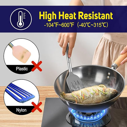 HOTEC Silicone Spatula Set of 2 Heat-Resistant 600°F & BPA-Free Kitchen SaptulaTurner with Stainless Steel Handles, Slotted & Solid Spatulas for Nonstick Cookware, 13.7 Inch, Grey