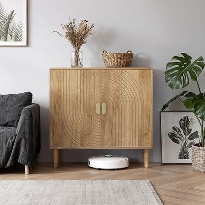 Smuxee Oak Sideboard Cabinet, Freestanding Buffet Cabinet with Line Groove Design, Wood Storage Cabinet with Adjustable Shelf for Living Room, Entryway, Hallway