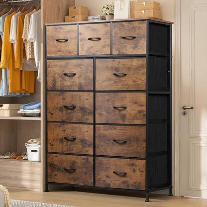 Tall Console Table with 11 Fabric Drawers, Entryway Table with Storage, Tall Storage Organizer with Wood Top, Steel Frame for Living Room, Hallway, Office, Rustic Brown
