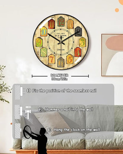 Decorative Wall Clocks Batterys Operated, Retro Wall Clock with Glass Dial, 12-Inch Dial with Roman Numerals, Silent and No Ticking, Suitable for Living Room, Bedroom, Dining Area, Workspace