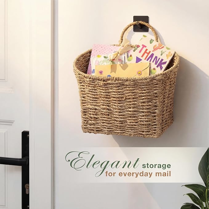 84ECO Set of 2 Seagrass Hanging Baskets for Organizing, Front Door, Mail, Flowers
