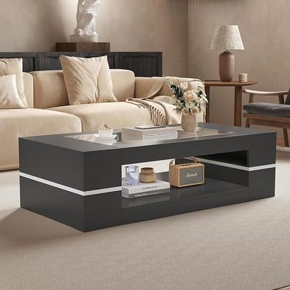 HedoAjim 47.2" Modern Stylish Coffee Table with Glass Table Top, Large Living Room Table Rectangular 2-Tier Center Tables with Storage, Wooden Cocktail Tea Tables for Dining Reception Room, Black