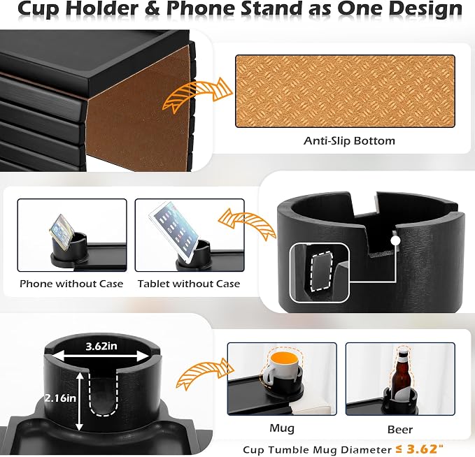 GHKINMAL Couch Cup Holder Tray, 3 in 1 Large Couch Arm Trays,Bamboo Chair Clip on Tray with 360° Ratated Phone Holder for Couch,Armrest Tray for Snacks,Remote,Phone
