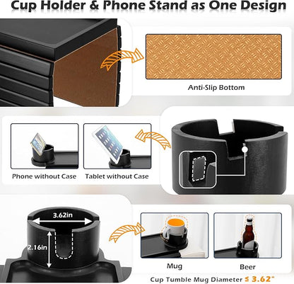 GHKINMAL Couch Cup Holder Tray, 3 in 1 Large Couch Arm Trays,Bamboo Chair Clip on Tray with 360° Ratated Phone Holder for Couch,Armrest Tray for Snacks,Remote,Phone
