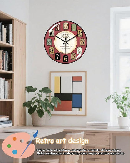 Decorative Wall Clocks Batterys Operated, Retro Wall Clock with Glass Dial, 12-Inch Dial with Roman Numerals, Silent and No Ticking, Suitable for Living Room, Bedroom, Dining Area, Workspace