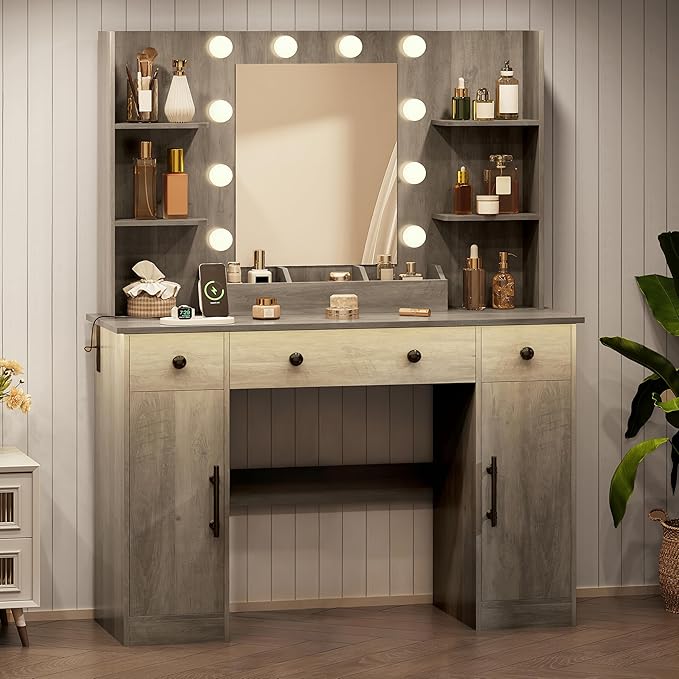 Vanity Desk with Mirror and Lights, Makeup Vanity with Mirror and LED Lights & Power Outlet, 3 Drawers and Cabinets, 3 Lighting Modes Dressing Table Set for Girls Women Bedroom,Grey