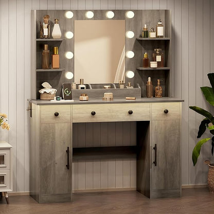 Vanity Desk with Mirror and Lights, Makeup Vanity with Mirror and LED Lights & Power Outlet, 3 Drawers and Cabinets, 3 Lighting Modes Dressing Table Set for Girls Women Bedroom,Grey