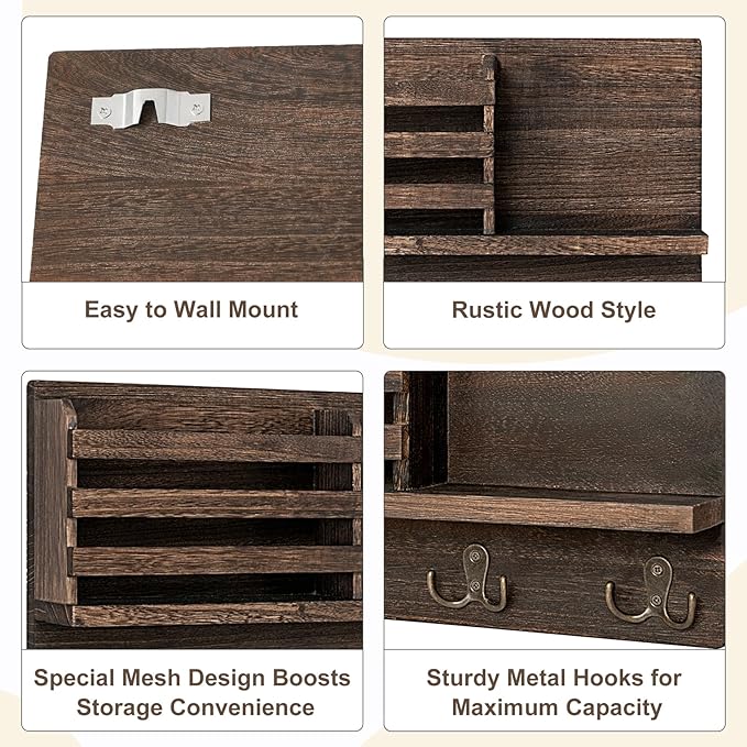Dahey Wall Mounted Mail Holder Wooden Key Holder Rack Mail Sorter Organizer with 4 Double Key Hooks and A Floating Shelf Farmhouse Rustic Home Decor for Entryway or Mudroom,15.7"W x9.3"Hx3.2"D, Brown