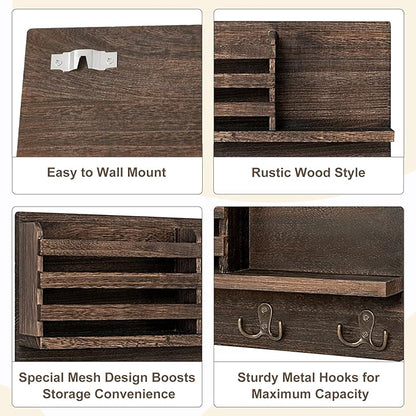 Dahey Wall Mounted Mail Holder Wooden Key Holder Rack Mail Sorter Organizer with 4 Double Key Hooks and A Floating Shelf Farmhouse Rustic Home Decor for Entryway or Mudroom,15.7"W x9.3"Hx3.2"D, Brown