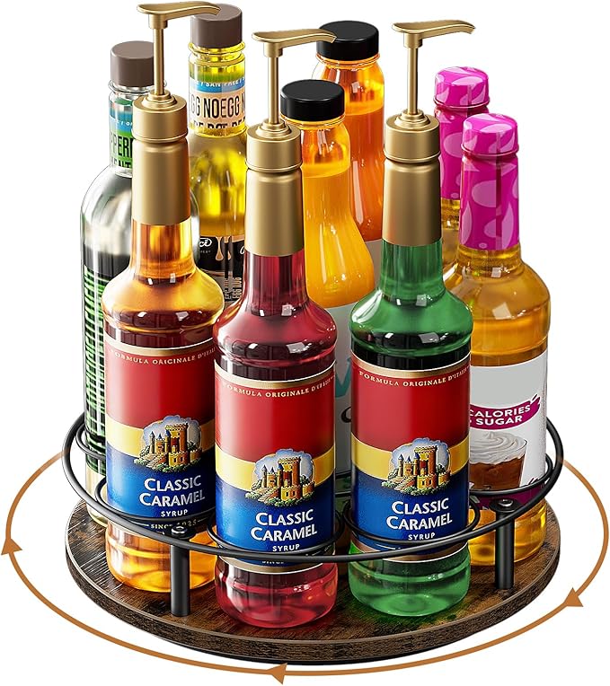 Nuovoware 9 Bottles Rotating Coffee Syrup Rack, Coffee Syrup Rack Organizer Carbon Steel Frame with Wooden Base Bottle Holder for Syrups Table Top Thermos Liquor, Brown+Black