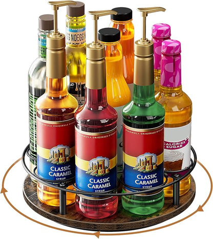 Nuovoware 9 Bottles Rotating Coffee Syrup Rack, Coffee Syrup Rack Organizer Carbon Steel Frame with Wooden Base Bottle Holder for Syrups Table Top Thermos Liquor, Brown+Black