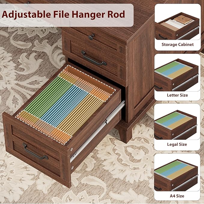 60" Executive Desk with Power Outlet, Home Office Desk with Drawers, Wooden Work Desk with File Cabinet, Computer Desk for Work, Study, Writing, Brown