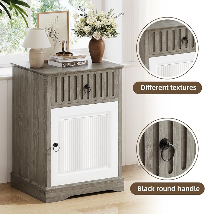 4ever2buy Farmhouse Nightstand Set of 2, 24" Tall Nightstand with Drawers, Grey Night Stand with Storage, Wood End Table Bedside Table for Bedroom Living Room, White and Grey