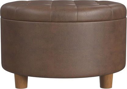 Homepop Home Decor | Button Round Storage Ottoman | Ottoman with Storage for Living Room & Bedroom, Brown Faux Leather