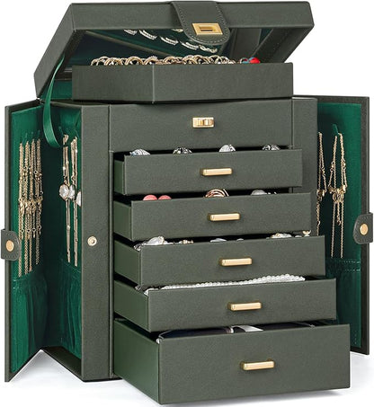 AKOZLIN 6-Tier Jewelry Box Organizer Functional 5 Drawers Leather Jewelry Storage Case for Women Girls Ring Necklace Earring Bracelet Holder Organizer with Mirror Dark Green