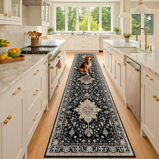 RELEANY Area Rugs Runner 2'x10' Washable Non-Slip, Floral Vintage Distress Medallion Carpet for Kitchen Hallway Bedroom Beside Laundry Room Bathroom, Black Brown Neutral Dark Tan