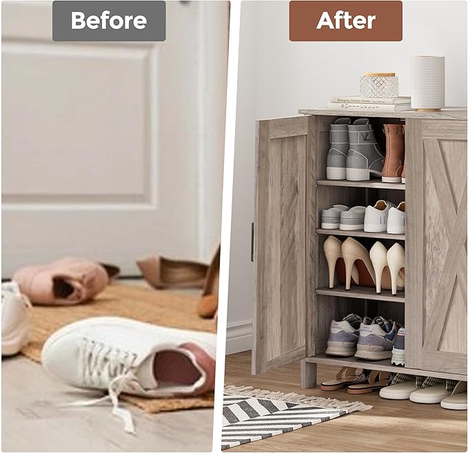 Homleke Farmhouse Shoe Cabinet with 2 Barn Doors & Wood Legs, 5-Tier Shoe Storage Cabinet with 3 Adjustable Shelves, Tall Shoe Rack Organizer for Closet, Shoe Organizer for Entryway, Hallway, Greige