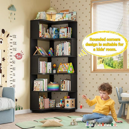 Armocity Corner Book Shelf - 6 Tier Corner Bookshelf Etagere Bookcase with Baffle, Freestanding L Shaped Display Shelf Stand for Home Office, Living Room, Bedroom, Kitchen, Black