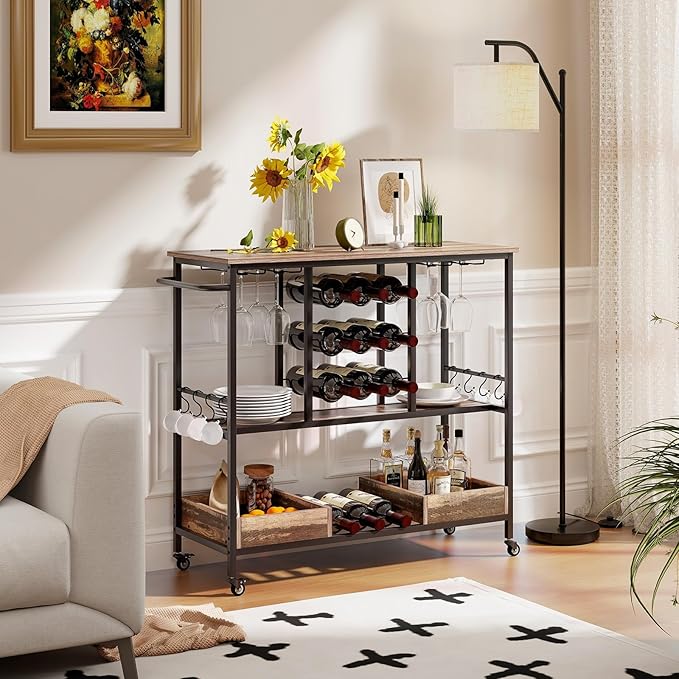 Giantex Bar Cart, 3 Tier Home Serving Cart on Wheels, Glass Racks, 12 Wine Holders, 8 Hooks & Storage Boxes, Industrial Rolling Beverage Cart for Coffee Bar, Kitchen, Dining Room
