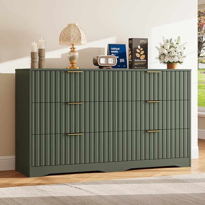 Fluted 6 Drawers Dresser for Bedroom, 55" Wide Wood Dressers Chest of Drawers with Metal Handle, Modern Dresser TV Stand Storage Organizer for Living Room, Entryway, Green
