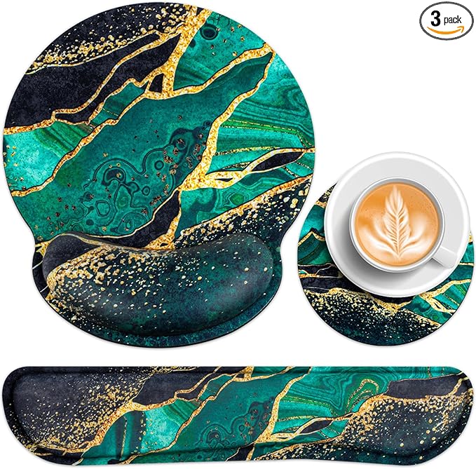 Mouse Pad Green with Wrist Rest Set, 3-in-1 Wrist Support Mousepad Set, Gaming Mat Pad with Anti-Skid Base,Ergonomic Mouse Pad,Memory Foam Gel Wrist Rest for Computer Keyboard