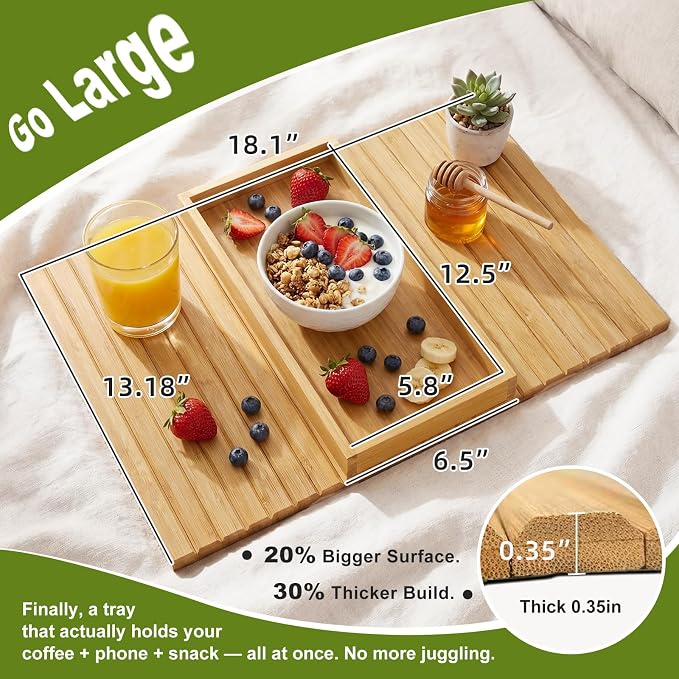 Sofa Arm Tray, Foldable Bamboo Couch Armrest Table with Large 12.5" x 5.8" Storage Compartment, Portable Chair Couch Caddy Arm Tray for Cup TV Snacks Phone