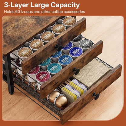 Coffee Pod Holder for Countertop, 3 Tier K Cup Holder Drawer, Coffee Bar Organizer 60 Coffee Pods Storage Organizer with Sliding Drawer for Coffee Station
