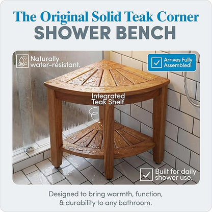 AquaTeak The Original 15.5" Fully Assembled Kai Corner Teak Shower Bench - Shower Stool with Storage Shelf for Bathroom - Durable Water Resistant Shower Chair - Shaving Foot Rest - Indoor & Outdoor