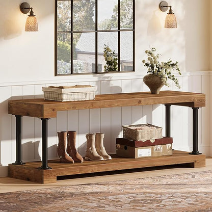 Tribesigns Solid Wood Entryway Bench with Shelf, 63" Industrial Storage Bench with Thickened Metal Tubing, Supports 300 lb and Easy Assembly (Vintage)