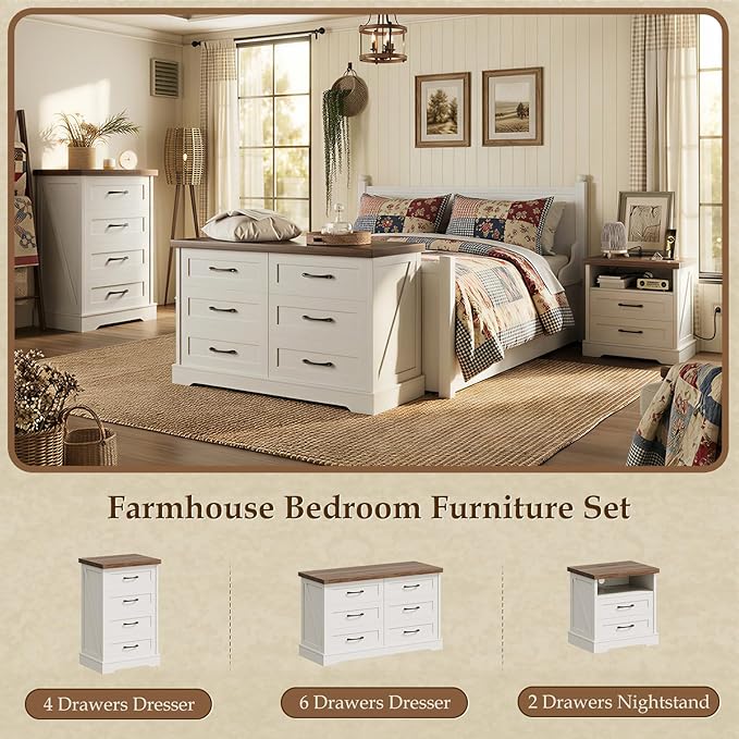 AODK 24 Inch Farmhouse Nightstand with Charging Station, Wood Bedside Table with 2 Drawers and Open Shelf, Rustic End Table with Outlet and USB, White & Dark Walnut