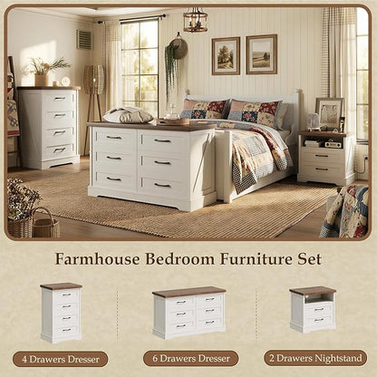 AODK 24 Inch Farmhouse Nightstand with Charging Station, Wood Bedside Table with 2 Drawers and Open Shelf, Rustic End Table with Outlet and USB, White & Dark Walnut