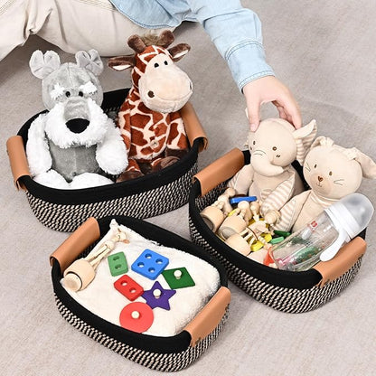 Storage Baskets for Organizing, Small Woven Basket Set of 6-4 Shelf Basket with Leather Handle and 2 Small Gift Baskets, Cotton Rope Basket for Shelves, Nursery, Dog Toy, Bathroom